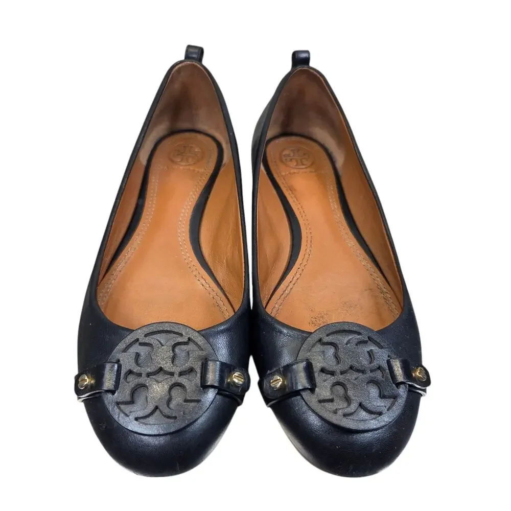 Tory Burch Mini Miller Black Leather Logo Pump‎ Size 5.5M Comfy Flats